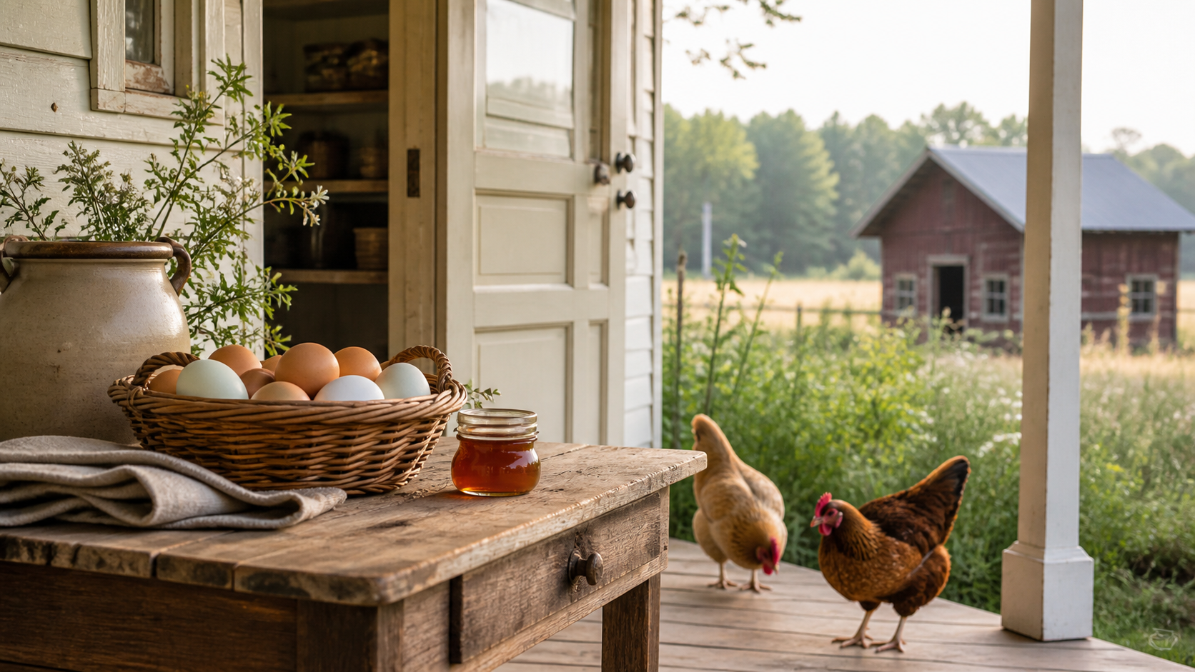 Basket of farm-fresh eggs and honey on a farmhouse porch with heritage hens and a red henhouse in the meadow